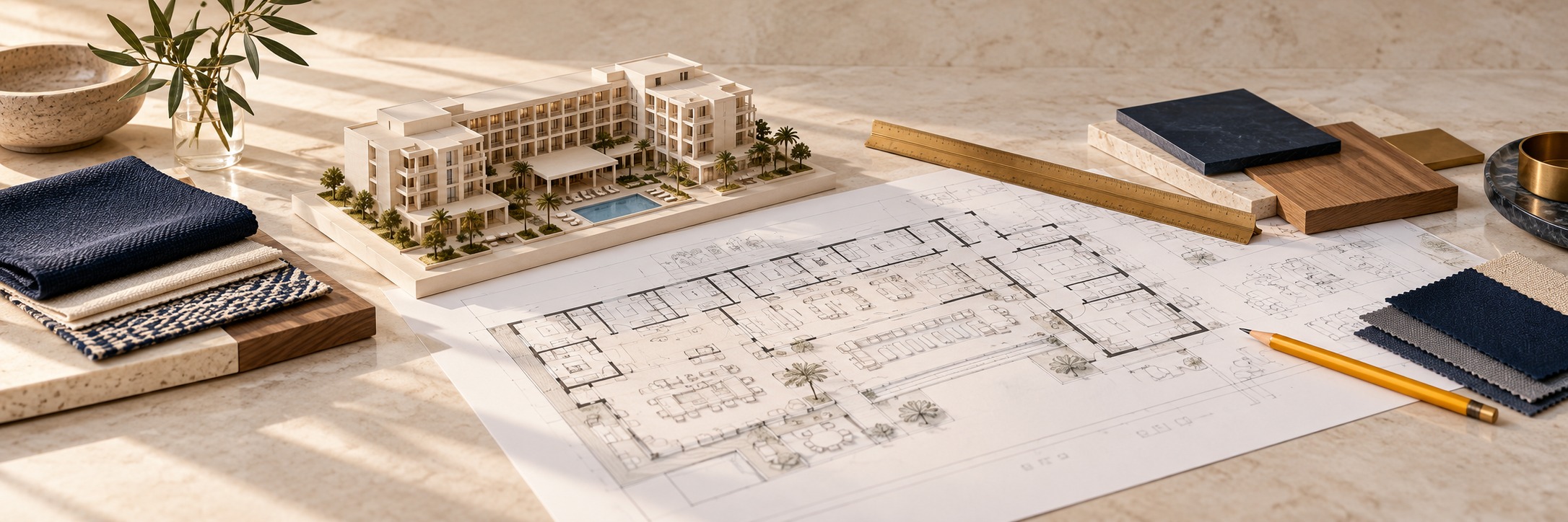 Hotel architectural model with floor plans, material samples and a yellow pencil