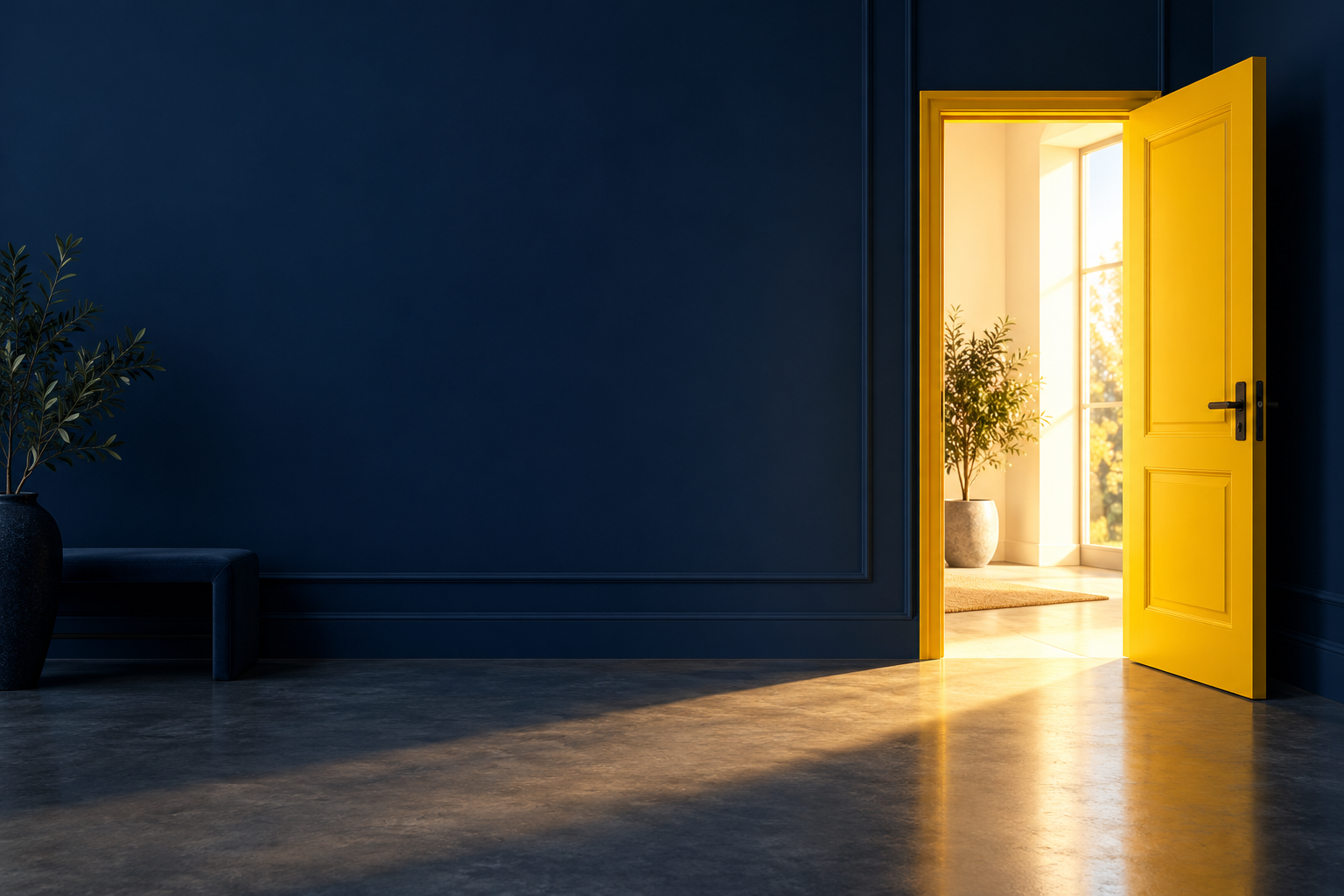 An open yellow door filled with warm daylight