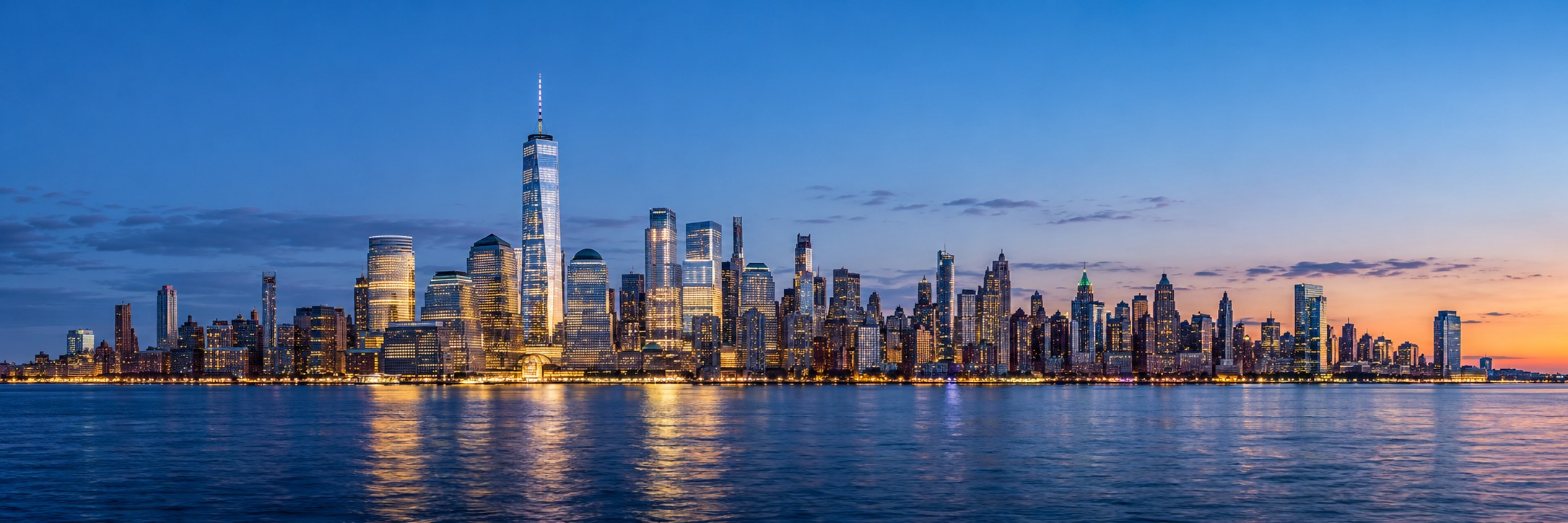 New York’s Lower Manhattan skyline across the Hudson River at blue hour